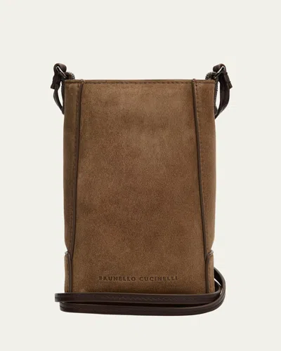 Brunello Cucinelli Mini Suede Phone Crossbody Bag With Monili Beading In Brown