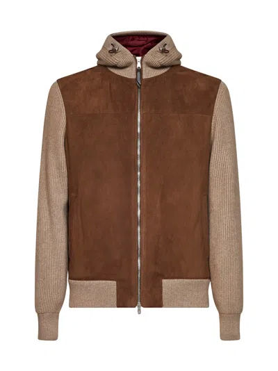 Brunello Cucinelli Mink And Brown Suede And Knit Hooded Jacket
