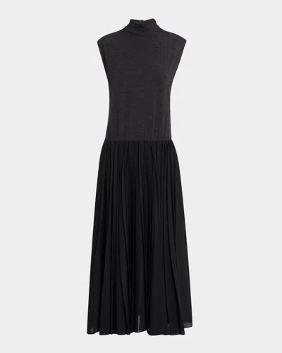 Brunello Cucinelli Mixed-media Pleated Gauze Midi T-shirt Dress In Gray