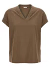 Brunello Cucinelli Rolled Cuffs V-neck Short Sleeve Top In Brown