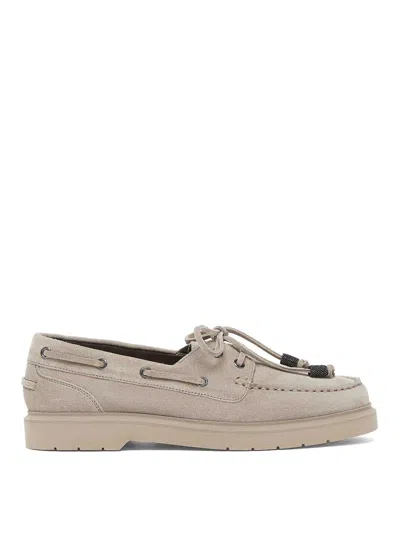 Brunello Cucinelli Boat Moccasins With Jewelry Chain In Grey