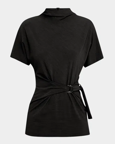 Brunello Cucinelli Mock-neck Buckle Draped Jersey Top In Black