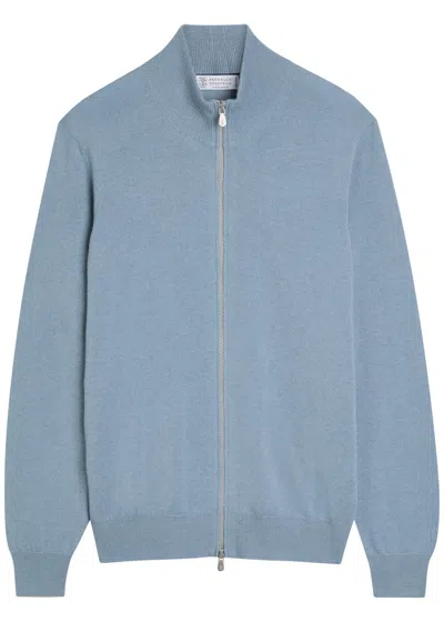 Brunello Cucinelli Mock-neck Cashmere Cardigan In Blue