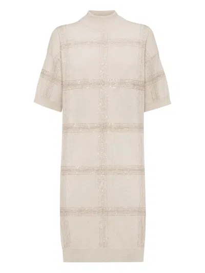 Brunello Cucinelli Mock-neck Midi Dress In Neutral