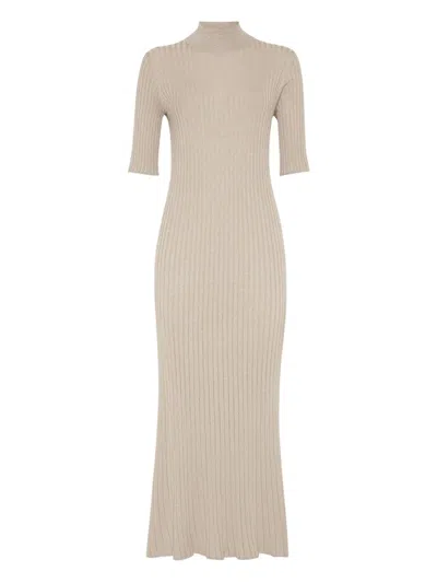 Brunello Cucinelli Mock-neck Midi Dress In Neutral