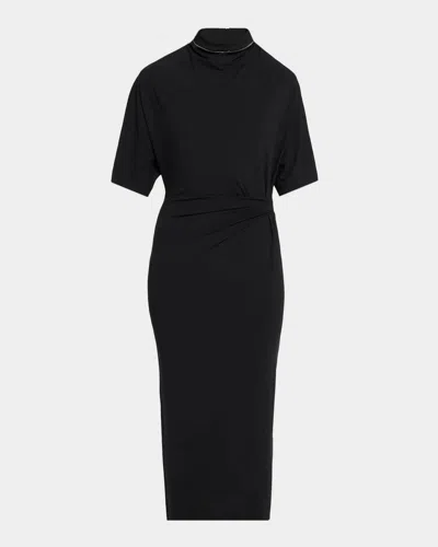 Brunello Cucinelli Mock-neck Couture Wool Jersey Tucked Midi Dress In Black