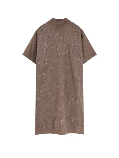 Brunello Cucinelli Mohair And Virgin Wool Dress With Sequins In Brown