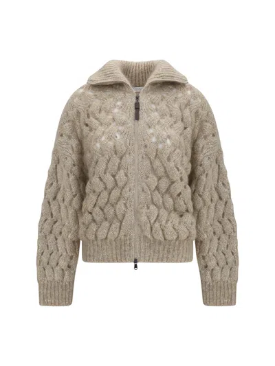 Brunello Cucinelli Cable-knit Mohair Blend Cardigan In Brown