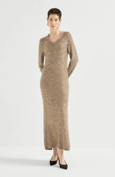 Brunello Cucinelli Mohair And Wool Dazzling Texture Knit Dress With Monili In Gray