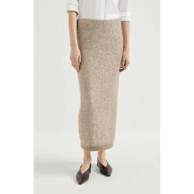 Brunello Cucinelli Mohair And Wool Dazzling Texture Knit Skirt With Monili In Neutral