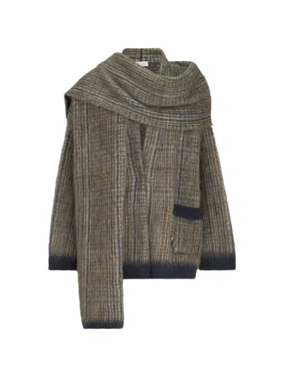 Brunello Cucinelli Mohair And Wool Prince Of Wales Double-knit Outerwear Jacket With Scarf In Multi