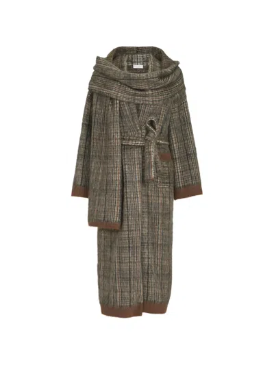 Brunello Cucinelli Mohair And Wool Prince-of-wales Double-knit Coat With Scarf In Green