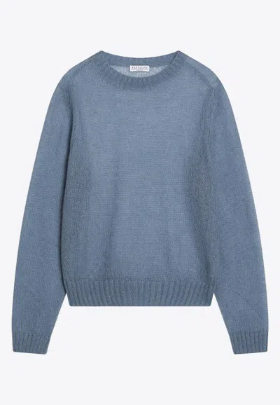 Brunello Cucinelli Mohair And Wool Semi-sheer Sweater With Monili In Blue