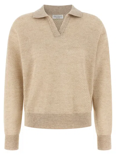Brunello Cucinelli Mohair And Wool Waffle-knit Polo In Beige