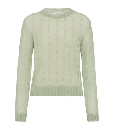 Brunello Cucinelli Mohair-blend Cable-knit Sweater In Green