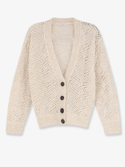 Brunello Cucinelli Mohair Blend Cardigan With Iconic Dazzling Motif In Beige
