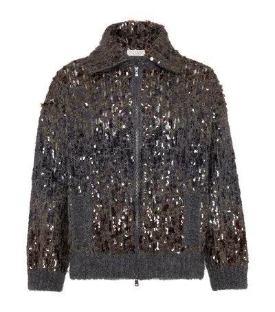 Brunello Cucinelli Mohair-blend Sequin-embellished Cardigan In Gray