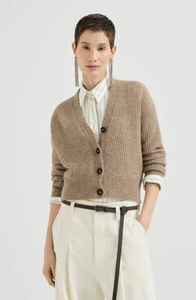 Brunello Cucinelli Mohair, Cotton And Wool Diamond Yarn English Rib Cardigan In Neutral