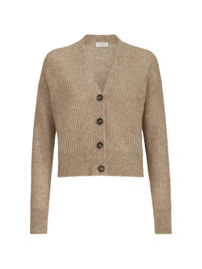 Brunello Cucinelli Mohair, Cotton And Wool Diamond Yarn English Rib Cardigan In Neutral