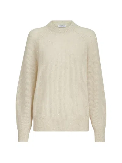 Brunello Cucinelli Mohair, Cotton And Wool Diamond Yarn English Rib Sweater In Neutrals