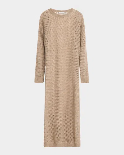 Brunello Cucinelli Mohair Diamante Pailette Open-knit Maxi Sweater Dress In Brown
