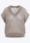 Brunello Cucinelli Openwork Knit Design Vest With Sequins In Neutral