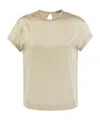 Brunello Cucinelli Elegant Stretch Silk Satin T-shirt With Jewel Accent In Nude
