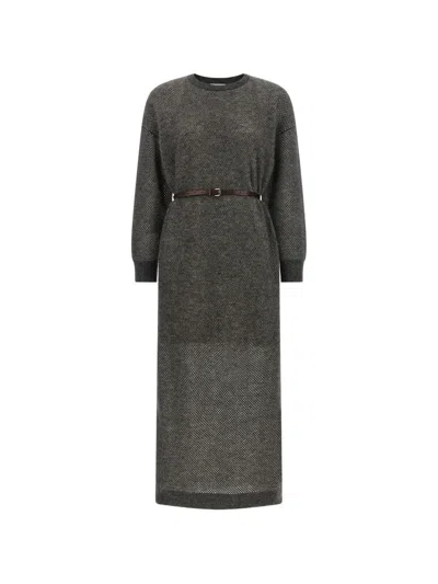Brunello Cucinelli Monile Belted Mesh-knit Midi Dress In Gray