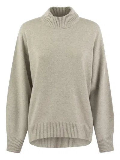 Brunello Cucinelli Cashmere Chimney Neck Sweater With Shiny Cuff Details In Neutral
