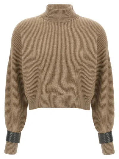 Brunello Cucinelli Monile Crop Cuff Sweater In Brown