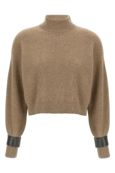 Brunello Cucinelli Monile Crop Cuff Sweater In Brown