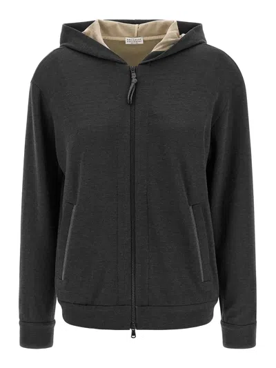 Brunello Cucinelli Grey Sweatshirt With Fixed Hood And Monil Detail On The Front In Cotton Blend Woman In Gray
