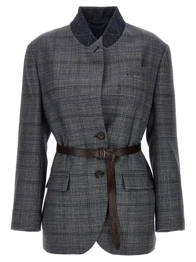 Brunello Cucinelli Monile Houndstooth Blazer Blazer And Suits Gray