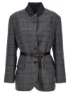Brunello Cucinelli Waist Belted Checkered Pattern Blazer In Gray