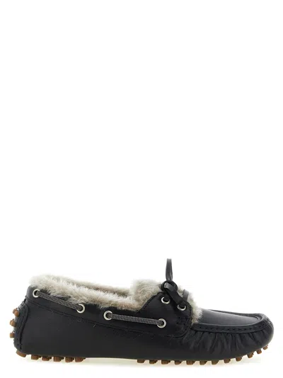 Brunello Cucinelli Bead-embellished Shearling-lined Leather Boat Shoes In Multi