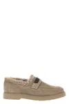 Brunello Cucinelli Suede Loafers With Monile Detail And Fur Lining In Neutral