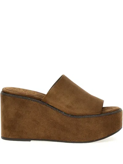 Brunello Cucinelli Brown Monile Wedges In Beige