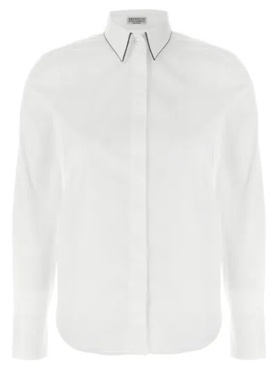 Brunello Cucinelli Monile Piping Collar Stretch Cotton Blend Shirt In White