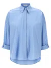 Brunello Cucinelli Oversized Light Blue Shirt With Monile Detail In Cotton Blend Woman In Blue