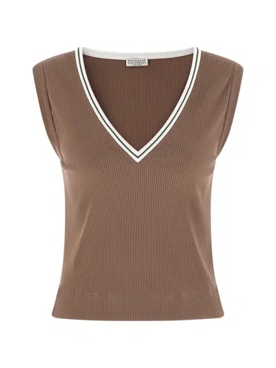 Brunello Cucinelli Knit Tank Top Contrast Trim Neckline In Animal Print