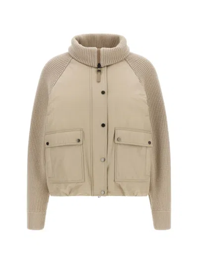 Brunello Cucinelli Cropped Hybrid Down Jacket Knit Sleeves In Brown