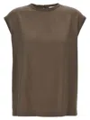 Brunello Cucinelli Silk Crewneck Blouse With Back Button Closure In Brown