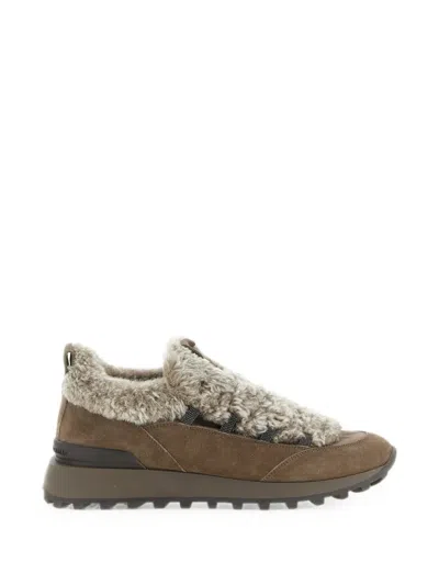 Brunello Cucinelli Monile Shearling Sneakers Tank Sole In Brown