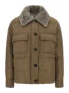 Brunello Cucinelli Quilted Coat With Plush Shearling Collar And Flap Pockets In Sand