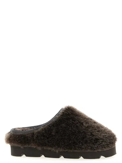 Brunello Cucinelli Monile Sherling Sabots Flat Shoes Brown