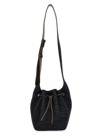 Brunello Cucinelli Duo Mini Denim Drawstring Bucket Bag In Blue
