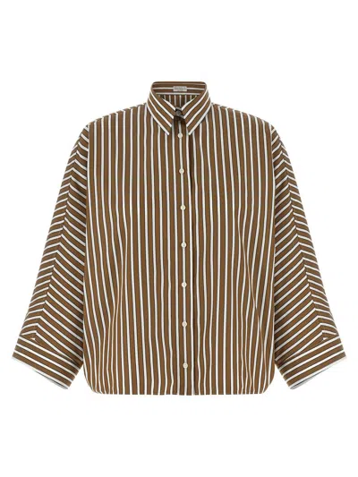 Brunello Cucinelli Monile Stripe Shirt Long Sleeve Collar In Brown