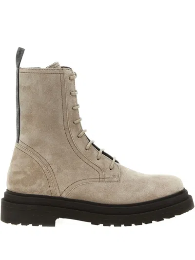 Brunello Cucinelli Grey Suede Combat Boots In Gray