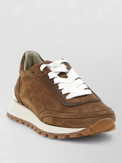 Brunello Cucinelli Suede Lace Up Sneakers Lightweight Rubber Sole In Multi