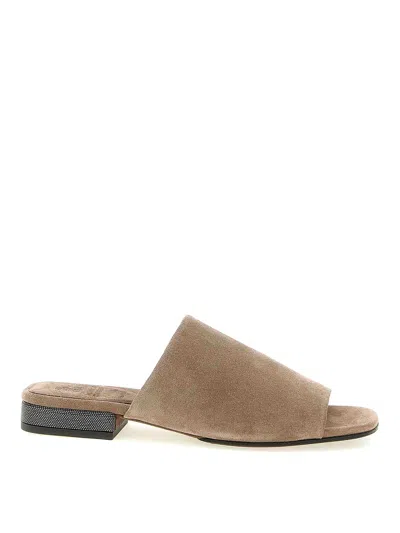 Brunello Cucinelli Monile Suede Sandals In Brown